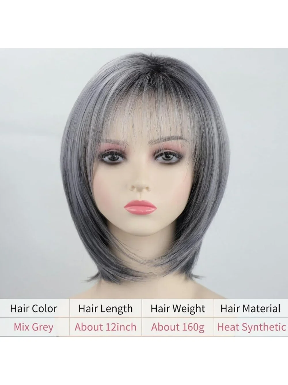 Women's Salt N Pepper 12 Inch Mid Length Heat Synthetic Straight Layered Bob Wig